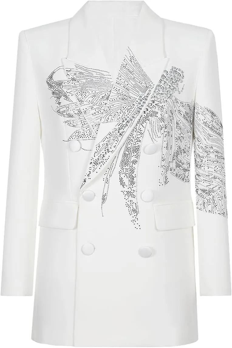 Fashion Women's Blazer Double-Breasted Crystal Nail Embellishments Evening Long Suit Jacket