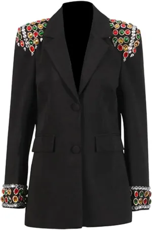 Fashion Women's Blazer Double-Breasted Crystal Nail Embellishments Evening Long Suit Jacket