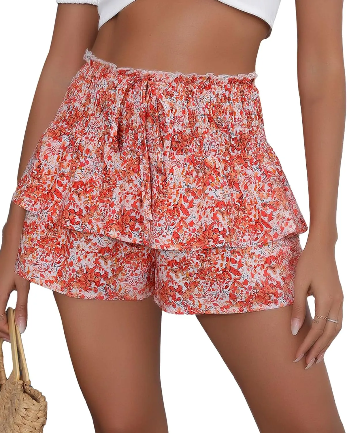 FEOYA Floral Skirts for Women Ruffled High Waisted Boho Skirt Summer A Line Skorts with Shorts Lightweight Wide Leg Shorts