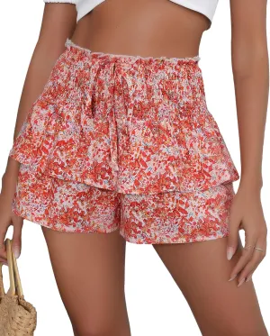 FEOYA Floral Skirts for Women Ruffled High Waisted Boho Skirt Summer A Line Skorts with Shorts Lightweight Wide Leg Shorts