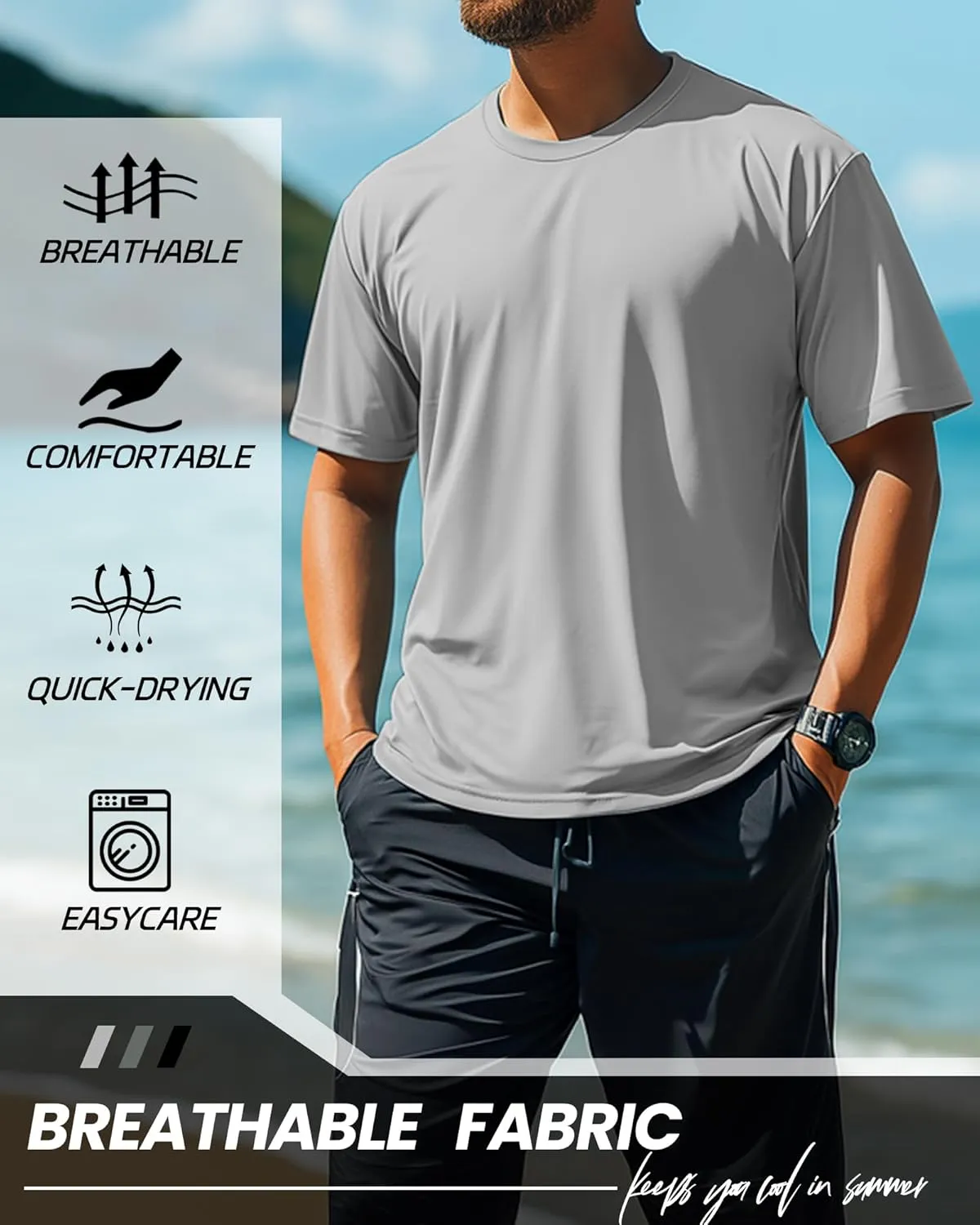 Ficerd 3 Pack Men's Big and Tall Rash Guard Shirts UPF 50  Short Sleeve Sun Protection Quick Dry Swim T Shirts