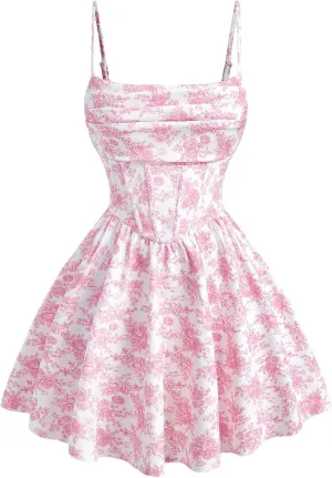 Floerns Women's Floral Sleeveless Corset Dress Ruffle Hem Vacation A Line Mini Dresses