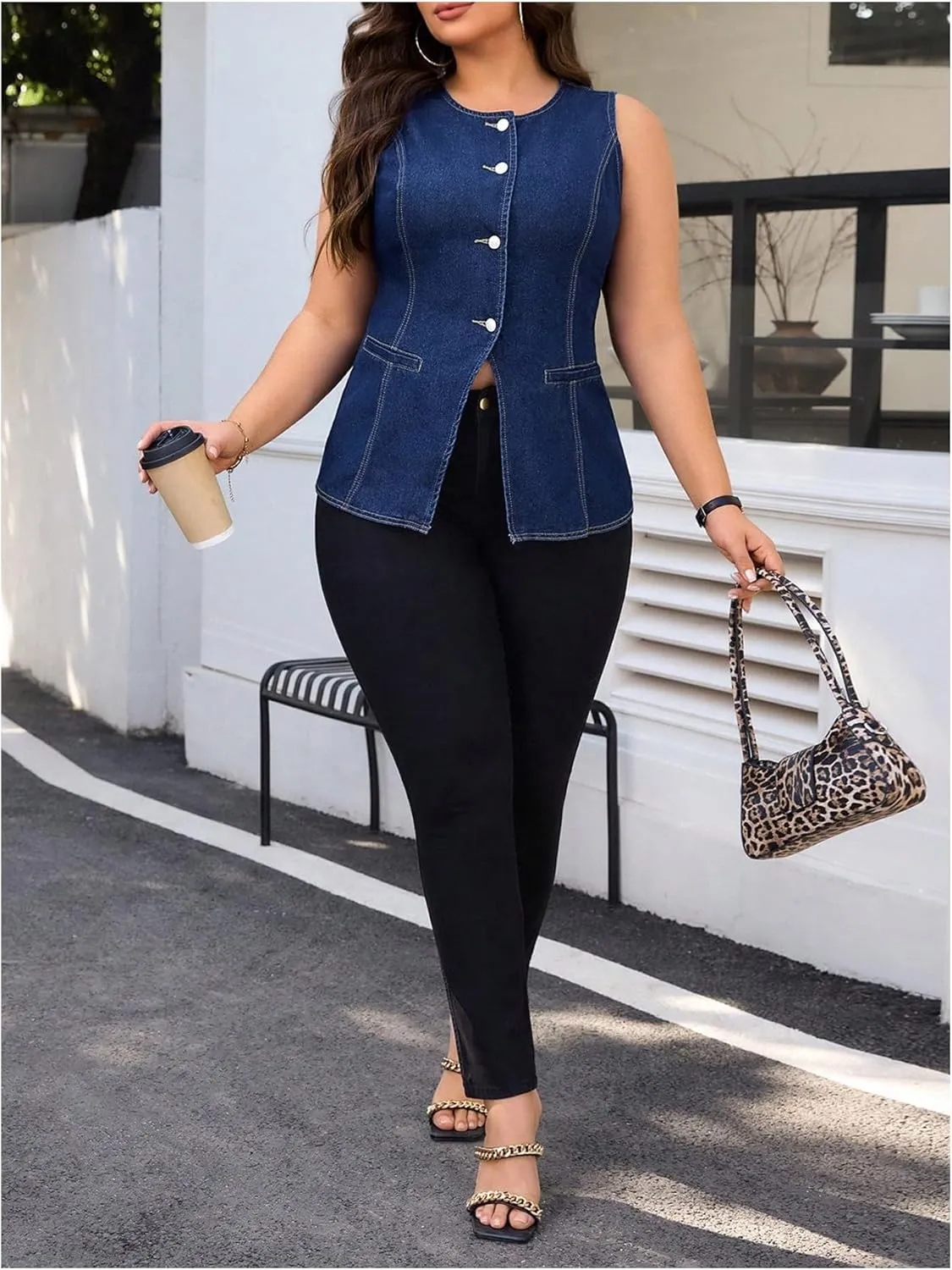 Floerns Women's Plus Size Button Front Denim Tops Sleeveless Tank Casual Shirts