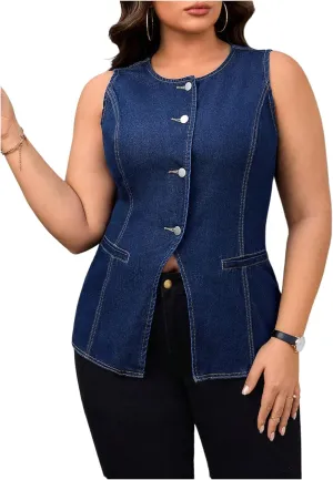 Floerns Women's Plus Size Button Front Denim Tops Sleeveless Tank Casual Shirts