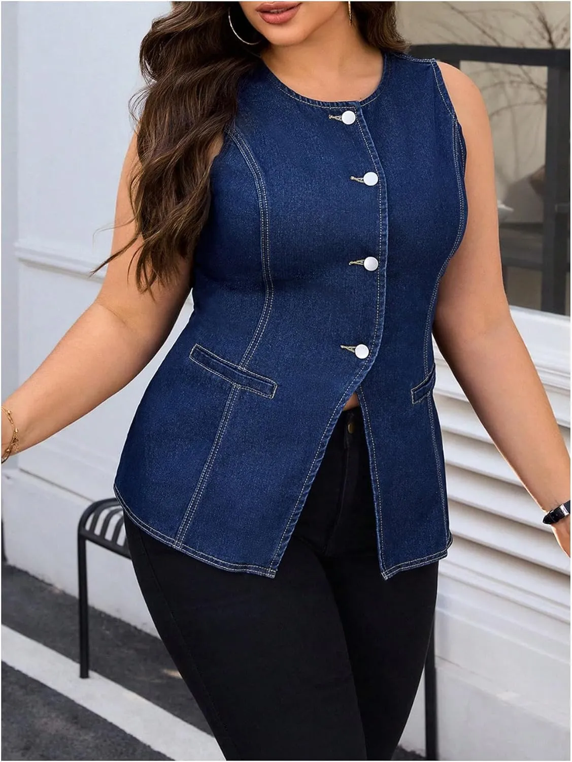 Floerns Women's Plus Size Button Front Denim Tops Sleeveless Tank Casual Shirts