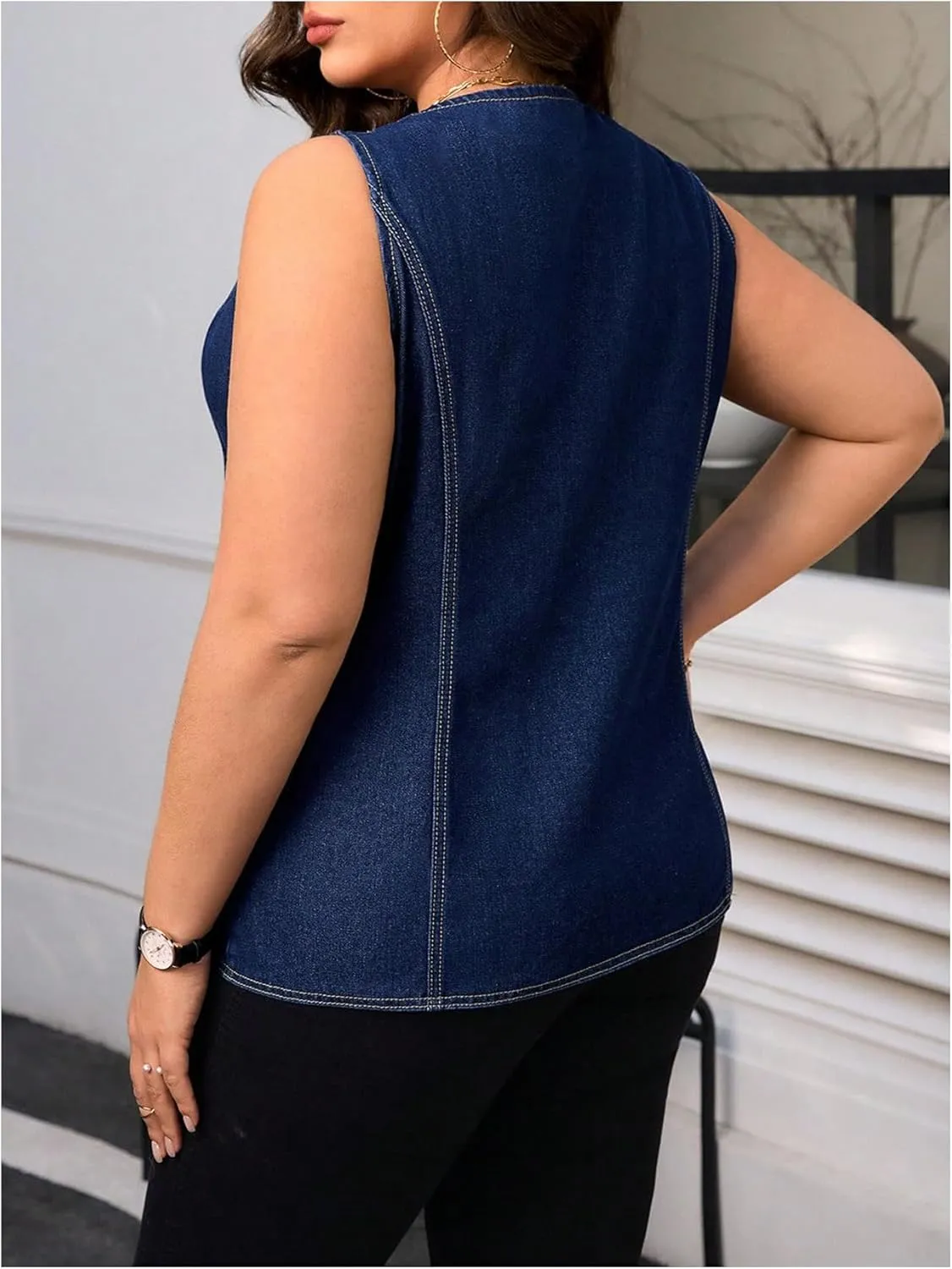 Floerns Women's Plus Size Button Front Denim Tops Sleeveless Tank Casual Shirts