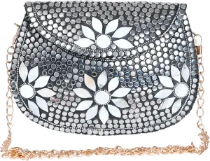 Floral Mosaic Evening Clutch Purse, Silver Studded with White Flowers, Gold Chain Strap