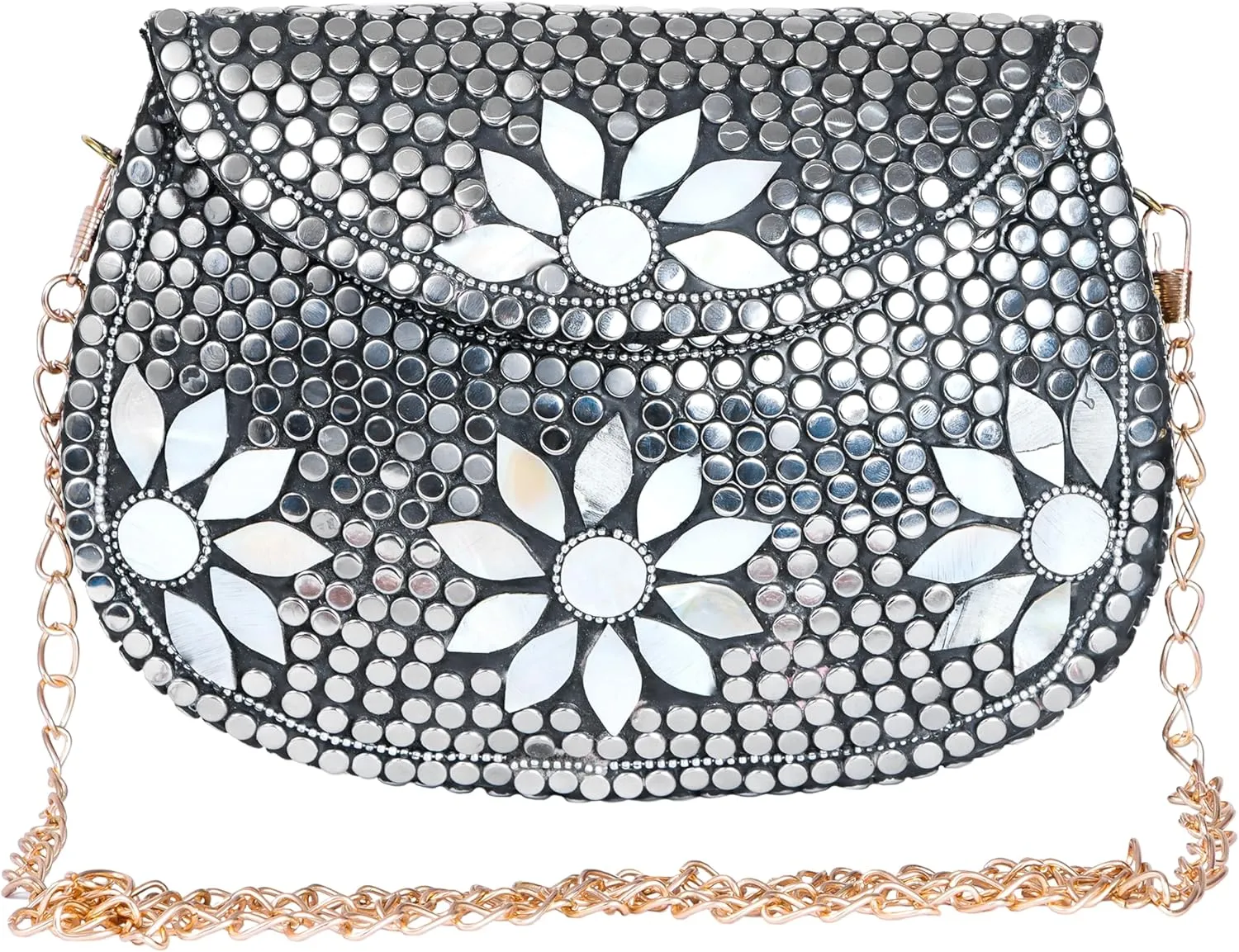 Floral Mosaic Evening Clutch Purse, Silver Studded with White Flowers, Gold Chain Strap