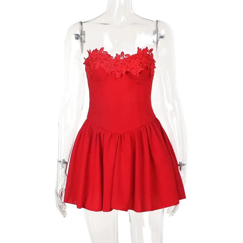 Flower Embroidery Stylish Strapless Mini Dress