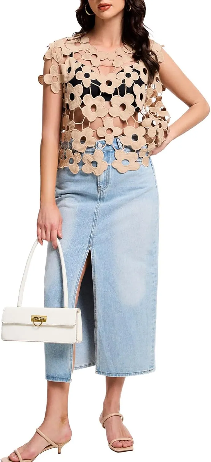 Flygo Hollow Out Floral Lace Crop Top for Women 2025 Trendy Sleeveless Crochet Vest Cover up Y2K Going Out Tops