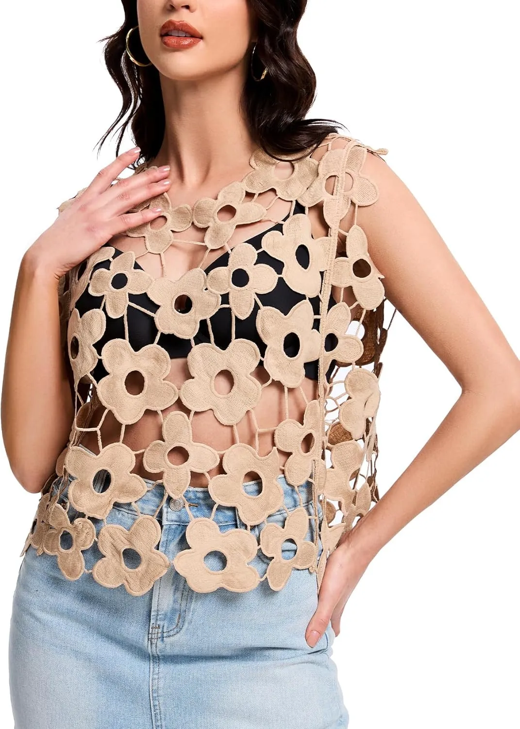 Flygo Hollow Out Floral Lace Crop Top for Women 2025 Trendy Sleeveless Crochet Vest Cover up Y2K Going Out Tops