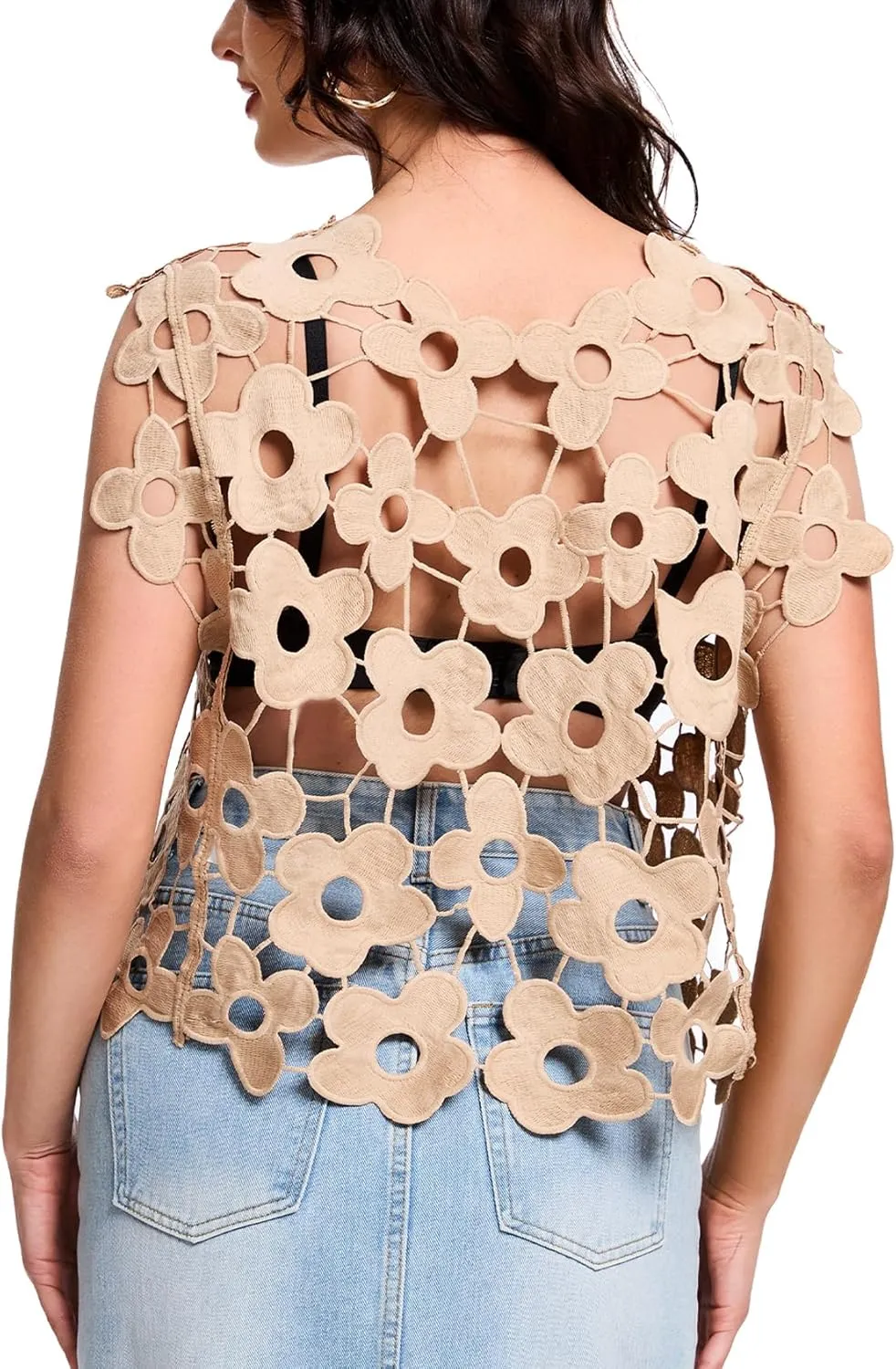 Flygo Hollow Out Floral Lace Crop Top for Women 2025 Trendy Sleeveless Crochet Vest Cover up Y2K Going Out Tops