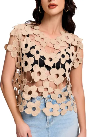 Flygo Hollow Out Floral Lace Crop Top for Women 2025 Trendy Sleeveless Crochet Vest Cover up Y2K Going Out Tops