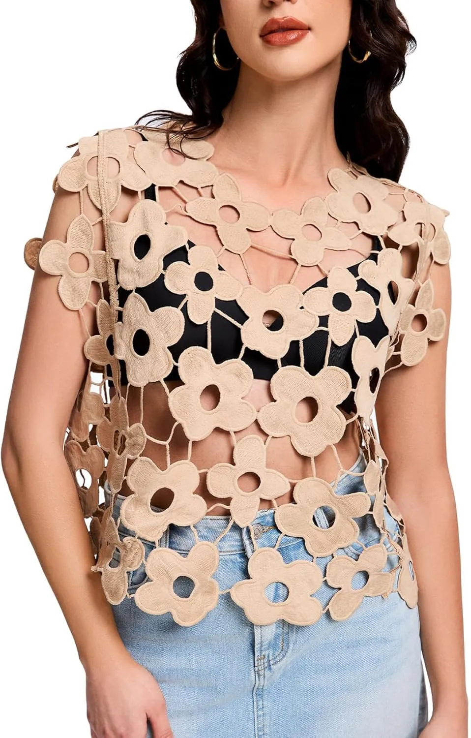 Flygo Hollow Out Floral Lace Crop Top for Women 2025 Trendy Sleeveless Crochet Vest Cover up Y2K Going Out Tops