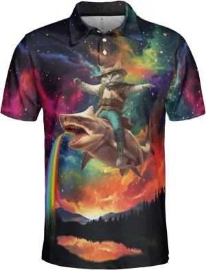 Funny Cat Polo Shirts for Men - Galaxy Cat Men's Regular Fit Quick Dry Golf Polo Shirt Series 04