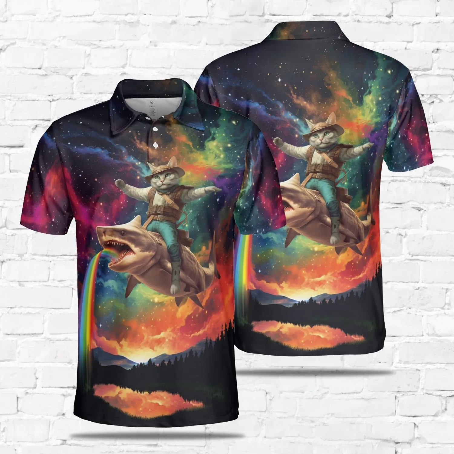 Funny Cat Polo Shirts for Men - Galaxy Cat Men's Regular Fit Quick Dry Golf Polo Shirt Series 04