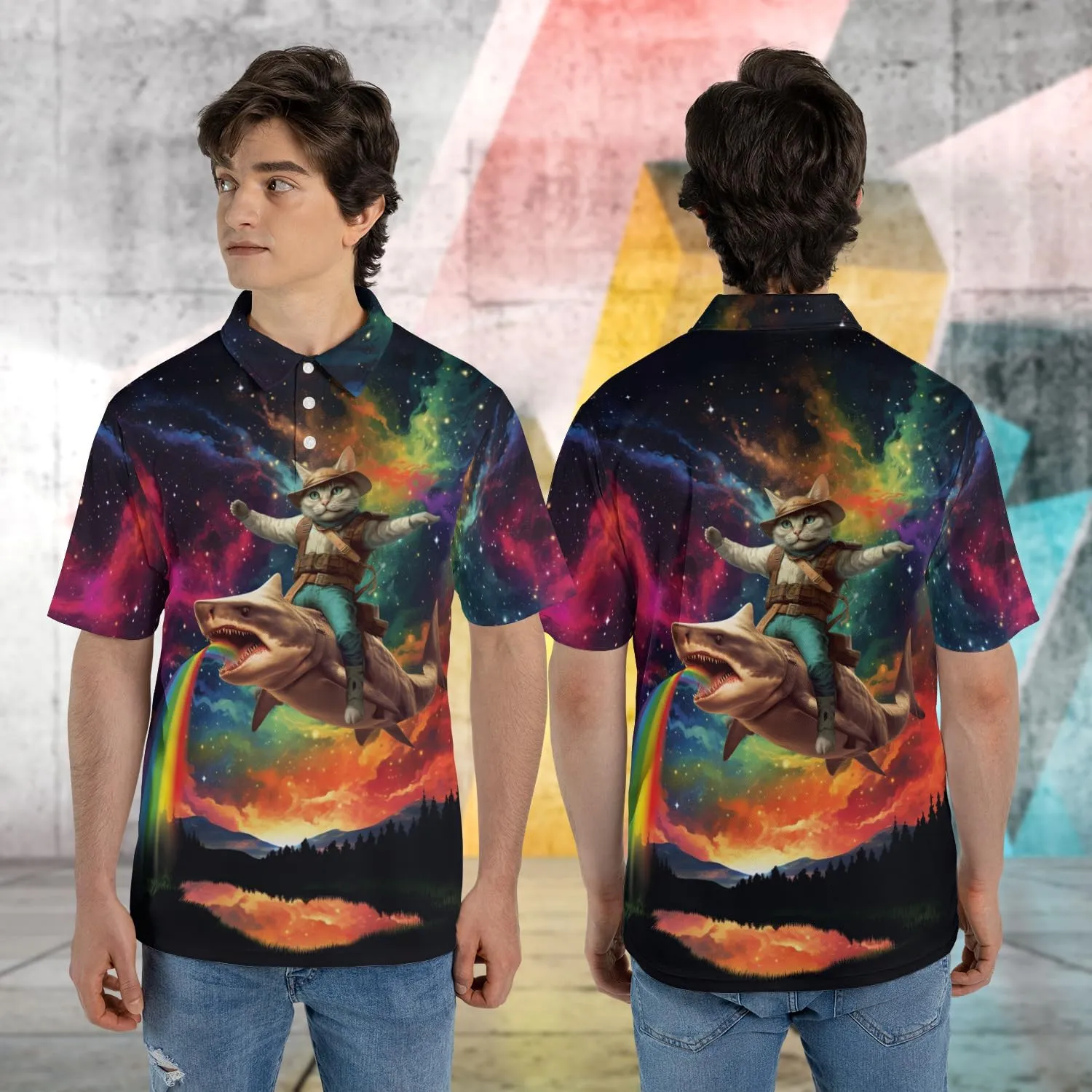Funny Cat Polo Shirts for Men - Galaxy Cat Men's Regular Fit Quick Dry Golf Polo Shirt Series 04