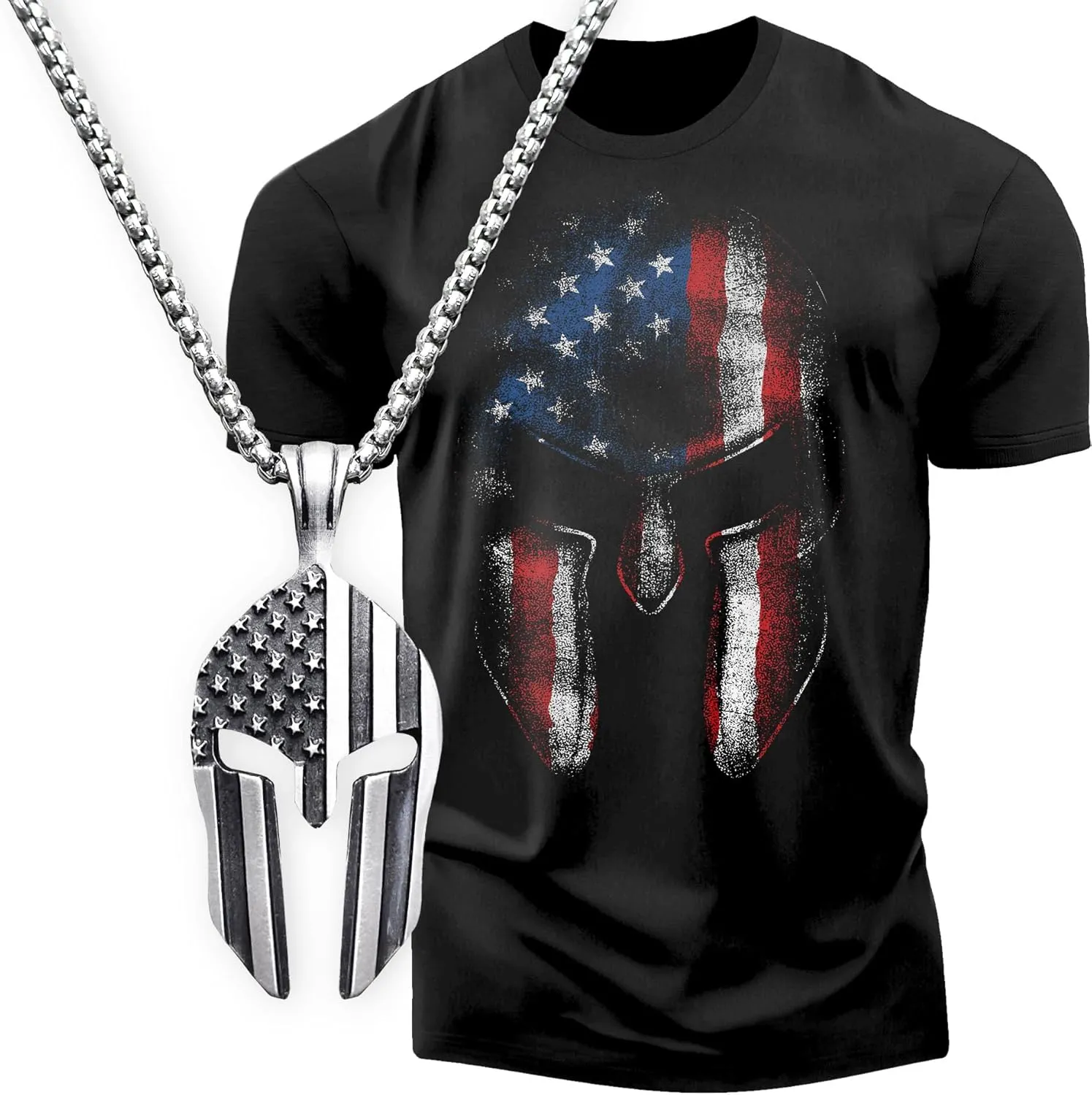 Gift Set for Men American Patriot Workout Gym Shirt with Spartan Warrior Pendant