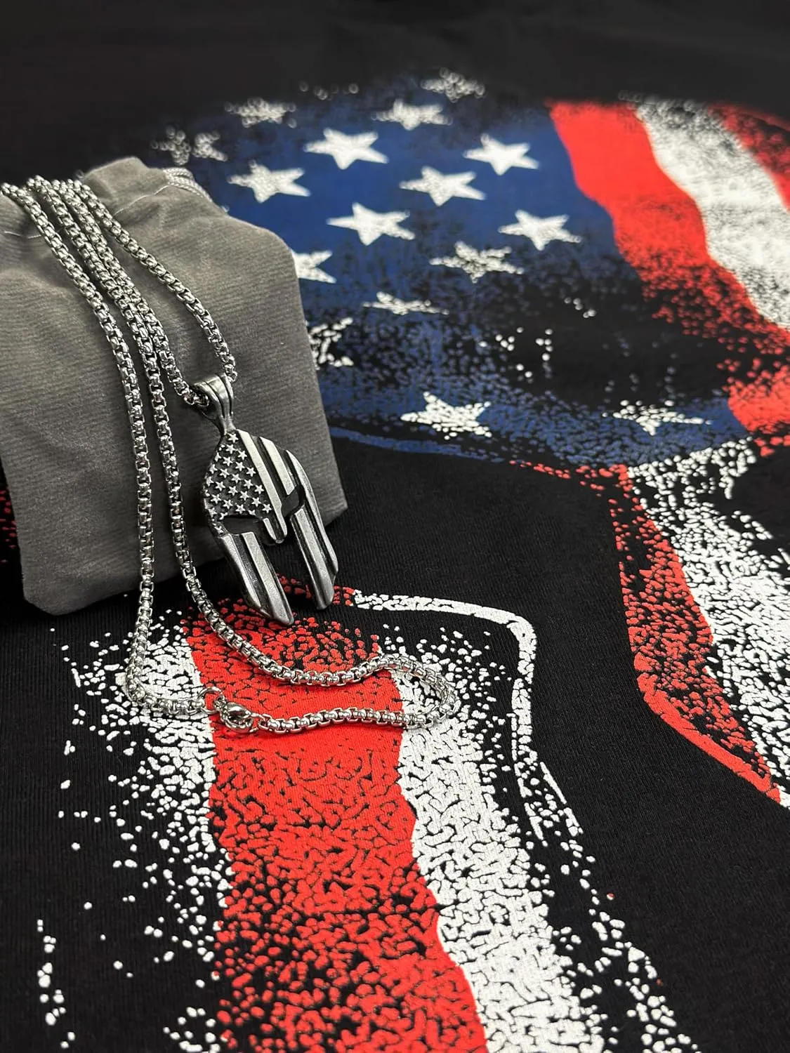 Gift Set for Men American Patriot Workout Gym Shirt with Spartan Warrior Pendant