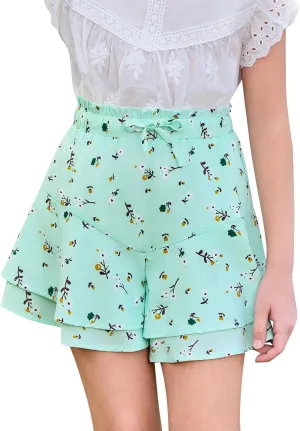 Girls Floral Skirts Kids Fashion Elastic High Waist Ruffle Flowy Shorts with Drawstring 5-14 Years