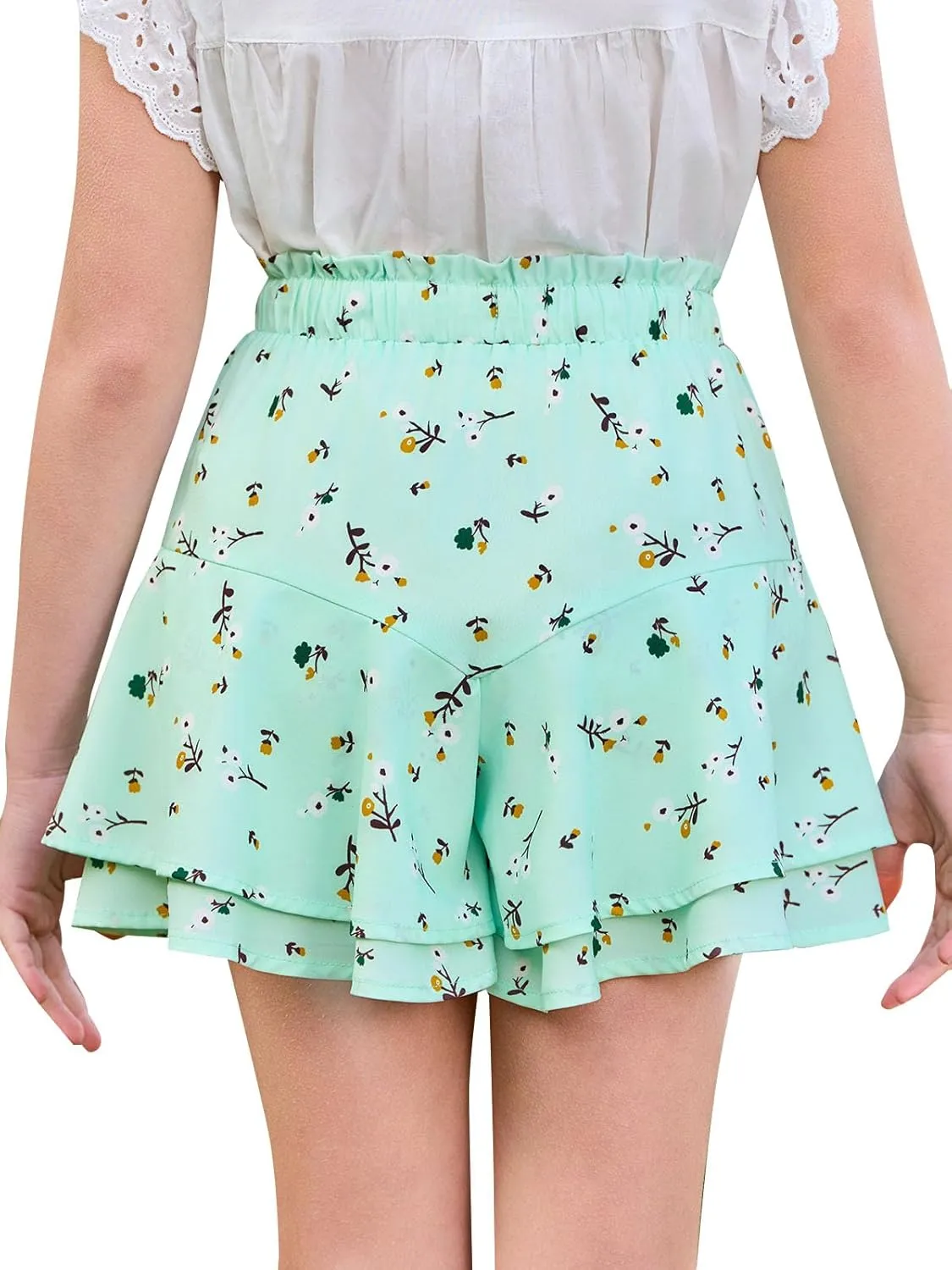 Girls Floral Skirts Kids Fashion Elastic High Waist Ruffle Flowy Shorts with Drawstring 5-14 Years