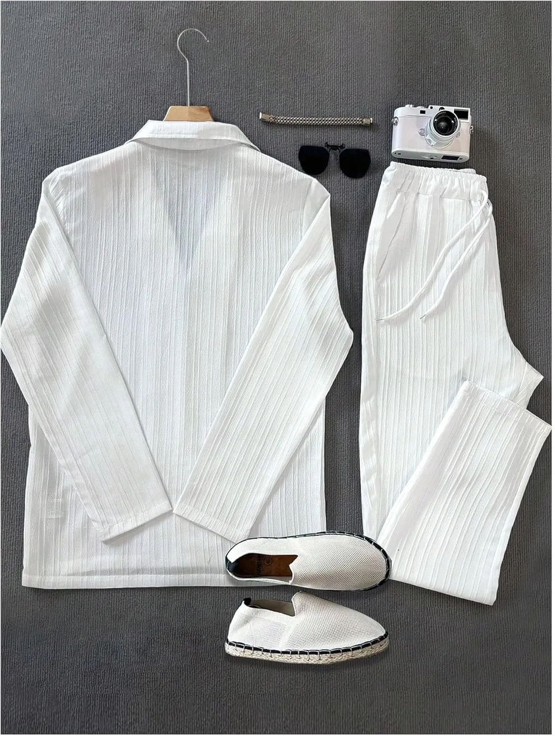 GORGLITTER Men's 2 Piece Linen Suit Long Sleeve Button Down Shirt and Pants Sets Walking Suits