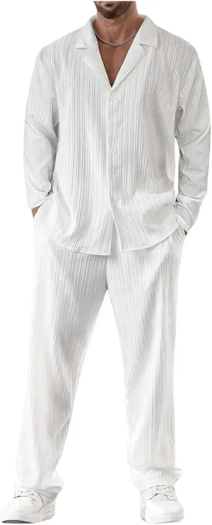 GORGLITTER Men's 2 Piece Linen Suit Long Sleeve Button Down Shirt and Pants Sets Walking Suits
