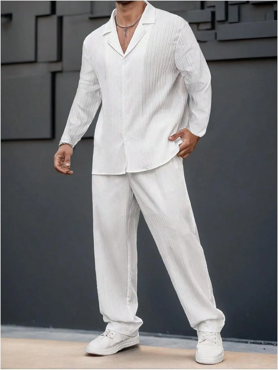 GORGLITTER Men's 2 Piece Linen Suit Long Sleeve Button Down Shirt and Pants Sets Walking Suits