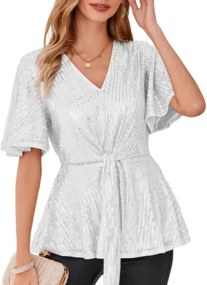 GRACE KARIN 2023 Women's Elegant Sequin Tops V Neck Tie Front Short Bell Sleeve Shirts Peplum Tops Blouse