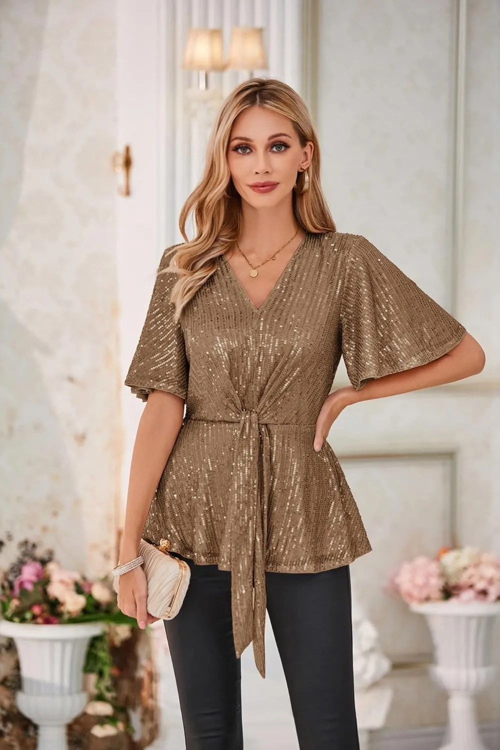 GRACE KARIN 2023 Women's Elegant Sequin Tops V Neck Tie Front Short Bell Sleeve Shirts Peplum Tops Blouse
