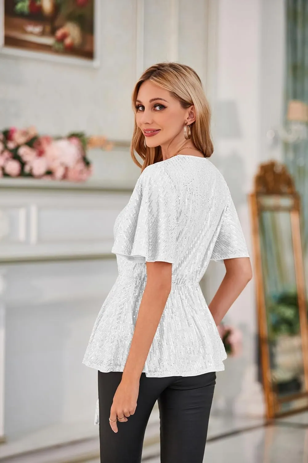 GRACE KARIN 2023 Women's Elegant Sequin Tops V Neck Tie Front Short Bell Sleeve Shirts Peplum Tops Blouse