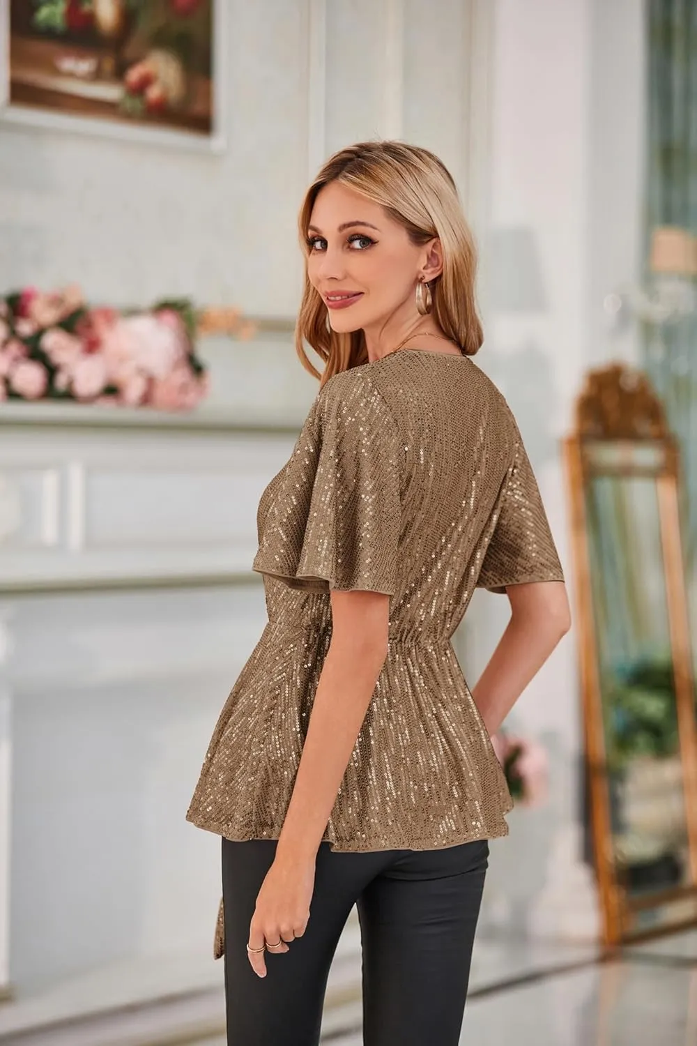 GRACE KARIN 2023 Women's Elegant Sequin Tops V Neck Tie Front Short Bell Sleeve Shirts Peplum Tops Blouse