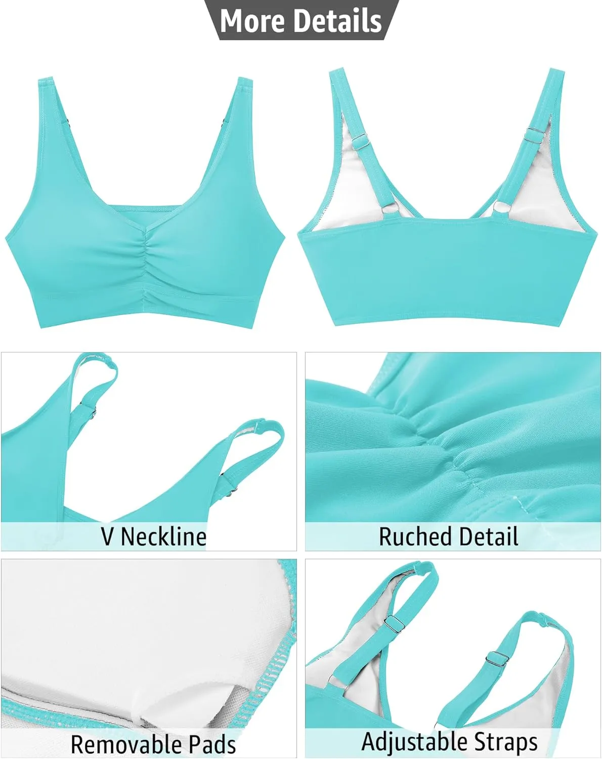 GRAPENT Bikini Tops for Women Ruched Cropped Tankini Tops Beach Adjustable Straps Bathing Suit Padded Swimwear Top Only