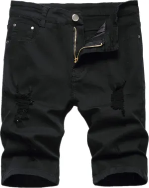 GUNLIRE Men's Summer Ripped Distressed Slim Fit Knee Length Washed Denim Jeans Shorts