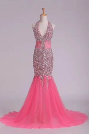 Halter Prom Dresses Mermaid/Trumpet Tulle With Beading