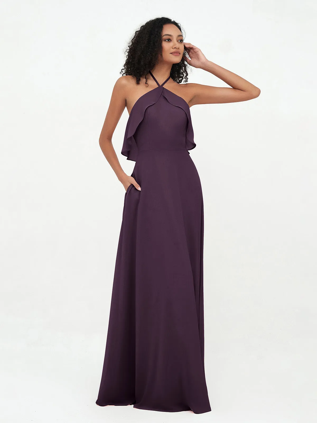 Halter Strap Chiffon Long Bridesmaid Dresses Plum Plus Size