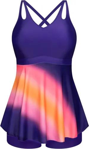 Hanna Nikole Women's Tankini Swimsuits with Shorts Adjustable Cross-Back Bathing Suits 2 Piece V Neck Flowy Swimwear S-26W