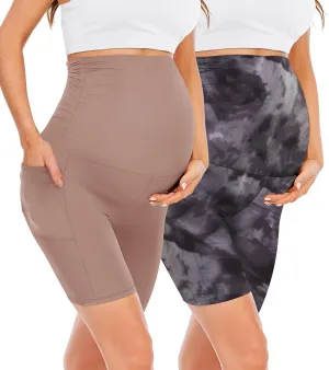 Happy.angel 2 Pack Maternity Shorts Over Belly, Black High Waisted 8" Pregnancy Workout Biker with Pockets
