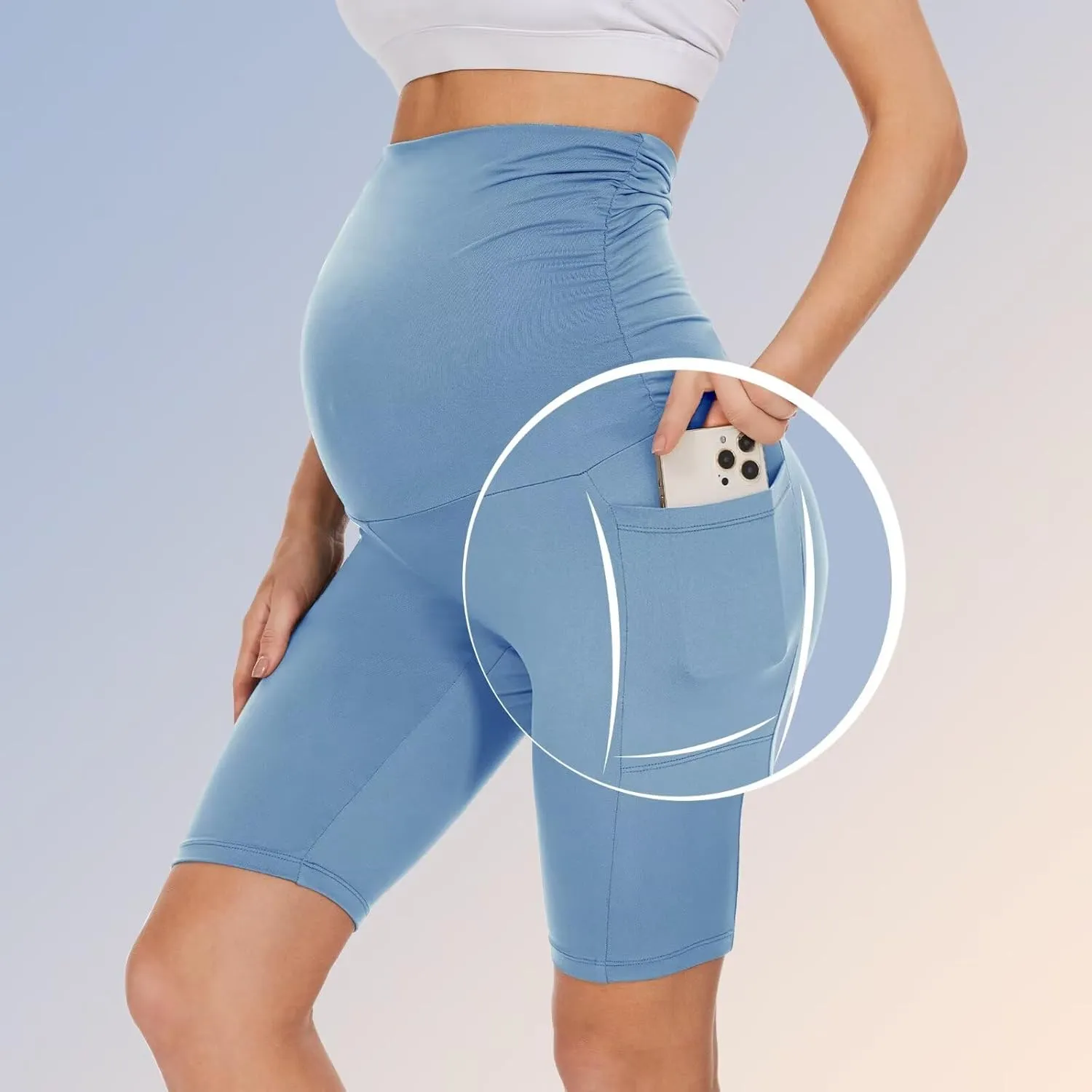 Happy.angel 2 Pack Maternity Shorts Over Belly, Black High Waisted 8" Pregnancy Workout Biker with Pockets