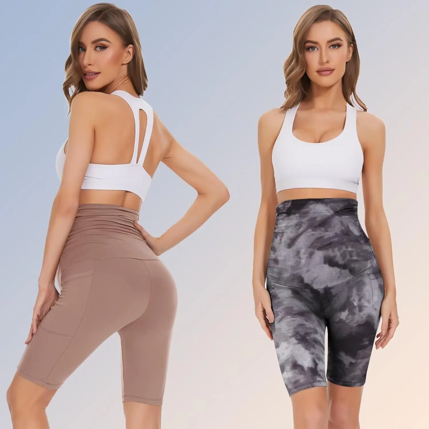 Happy.angel 2 Pack Maternity Shorts Over Belly, Black High Waisted 8" Pregnancy Workout Biker with Pockets