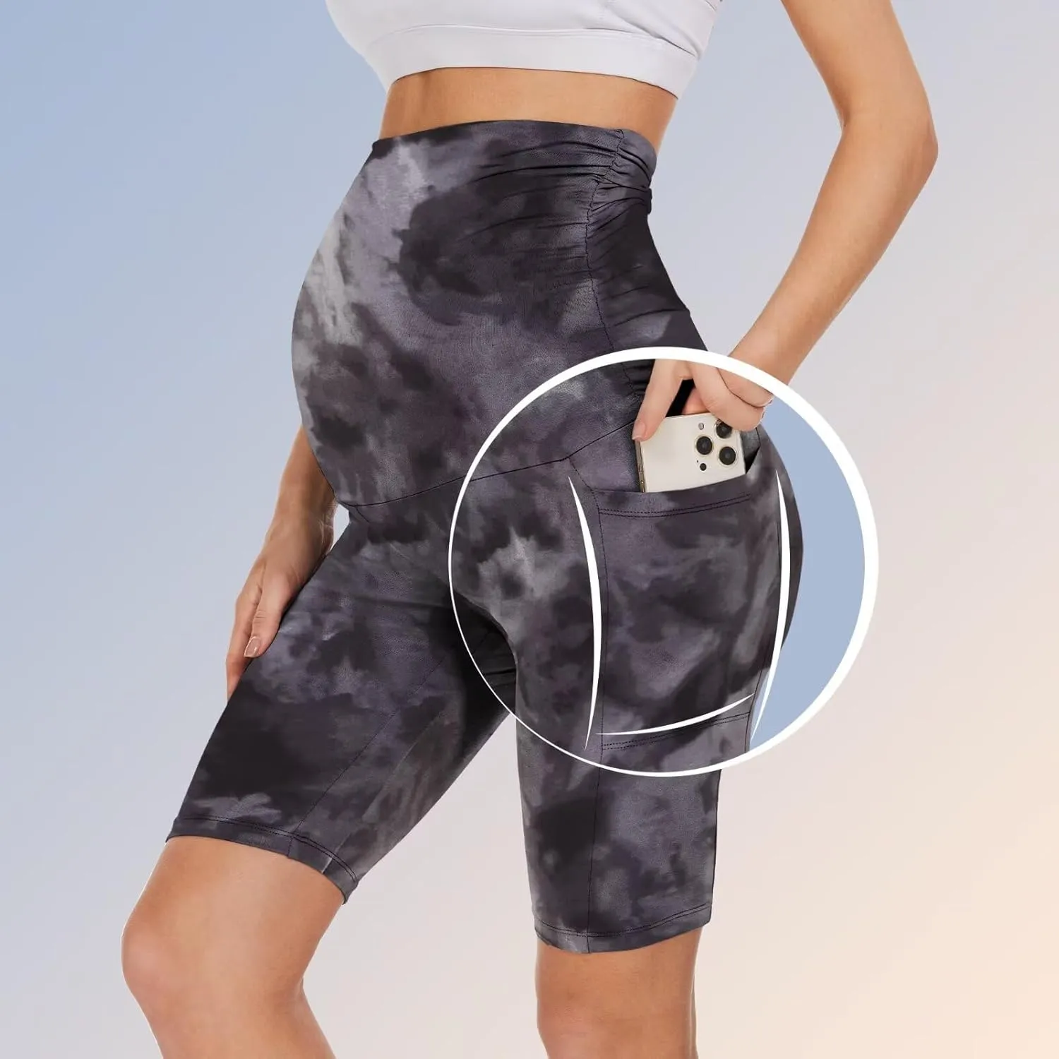 Happy.angel 2 Pack Maternity Shorts Over Belly, Black High Waisted 8" Pregnancy Workout Biker with Pockets