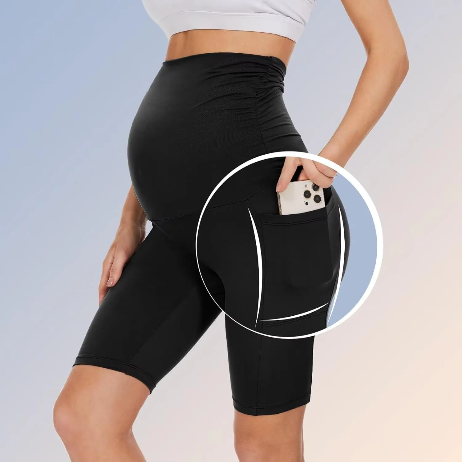 Happy.angel 2 Pack Maternity Shorts Over Belly, Black High Waisted 8" Pregnancy Workout Biker with Pockets