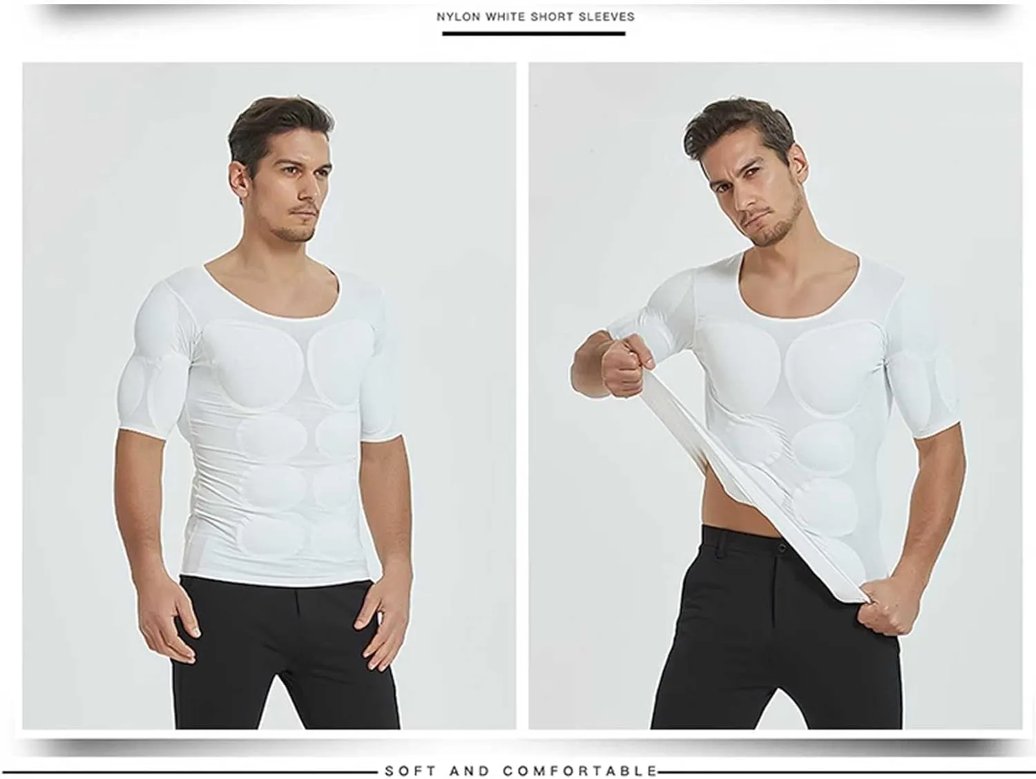 HAWFHH Men Realistic Chest T-Shirt Artificial Fake Muscle Shoulders Padded Body Undershirt 