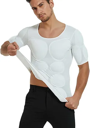 HAWFHH Men Realistic Chest T-Shirt Artificial Fake Muscle Shoulders Padded Body Undershirt 