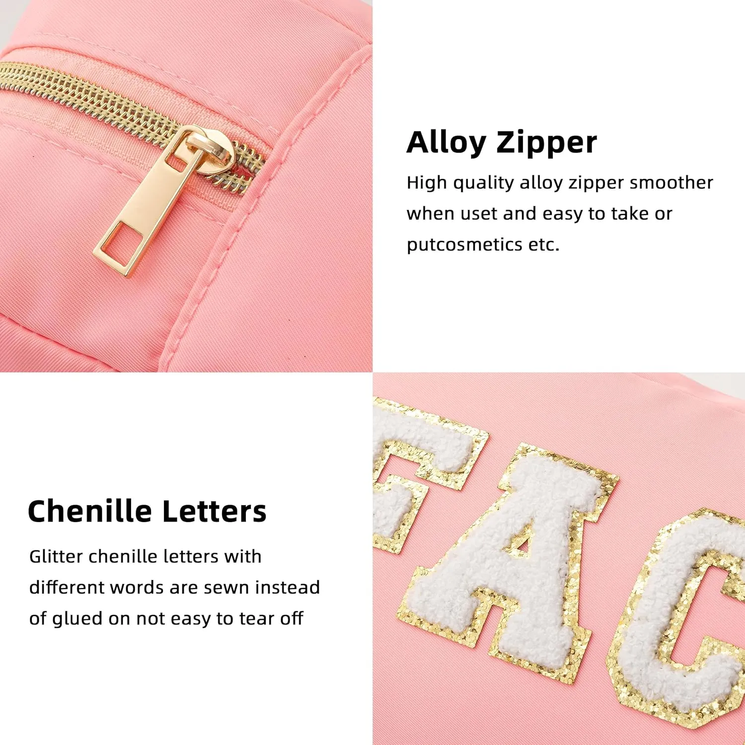 HBselect Mothers Day Gifts for Women 4 Pcs Preppy Makeup Bag Travel Stuff Bag Chenille Letter Patch Nylon Cosmetic Bag Large Capacity Easter Basket Essentials Waterproof Organizer Bag Set for Girls