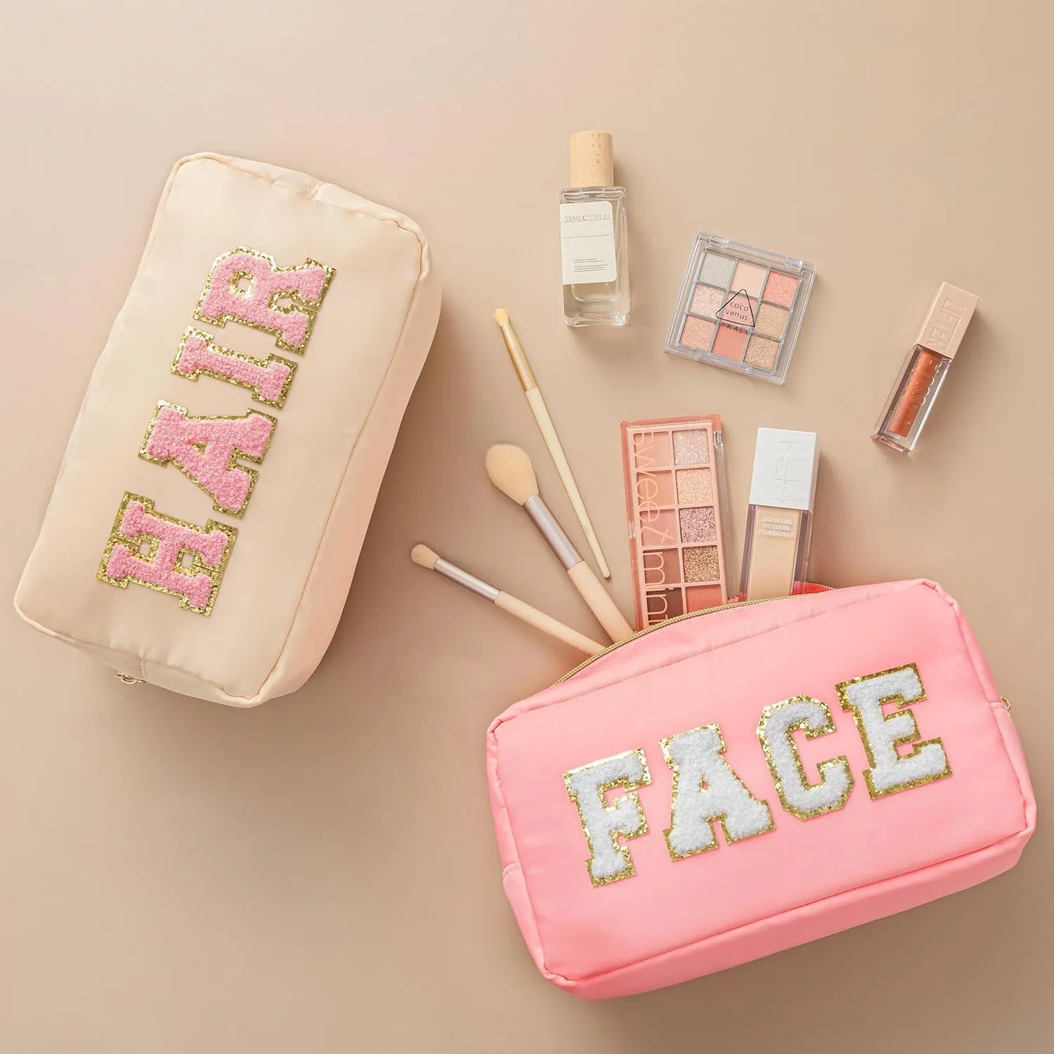 HBselect Mothers Day Gifts for Women 4 Pcs Preppy Makeup Bag Travel Stuff Bag Chenille Letter Patch Nylon Cosmetic Bag Large Capacity Easter Basket Essentials Waterproof Organizer Bag Set for Girls