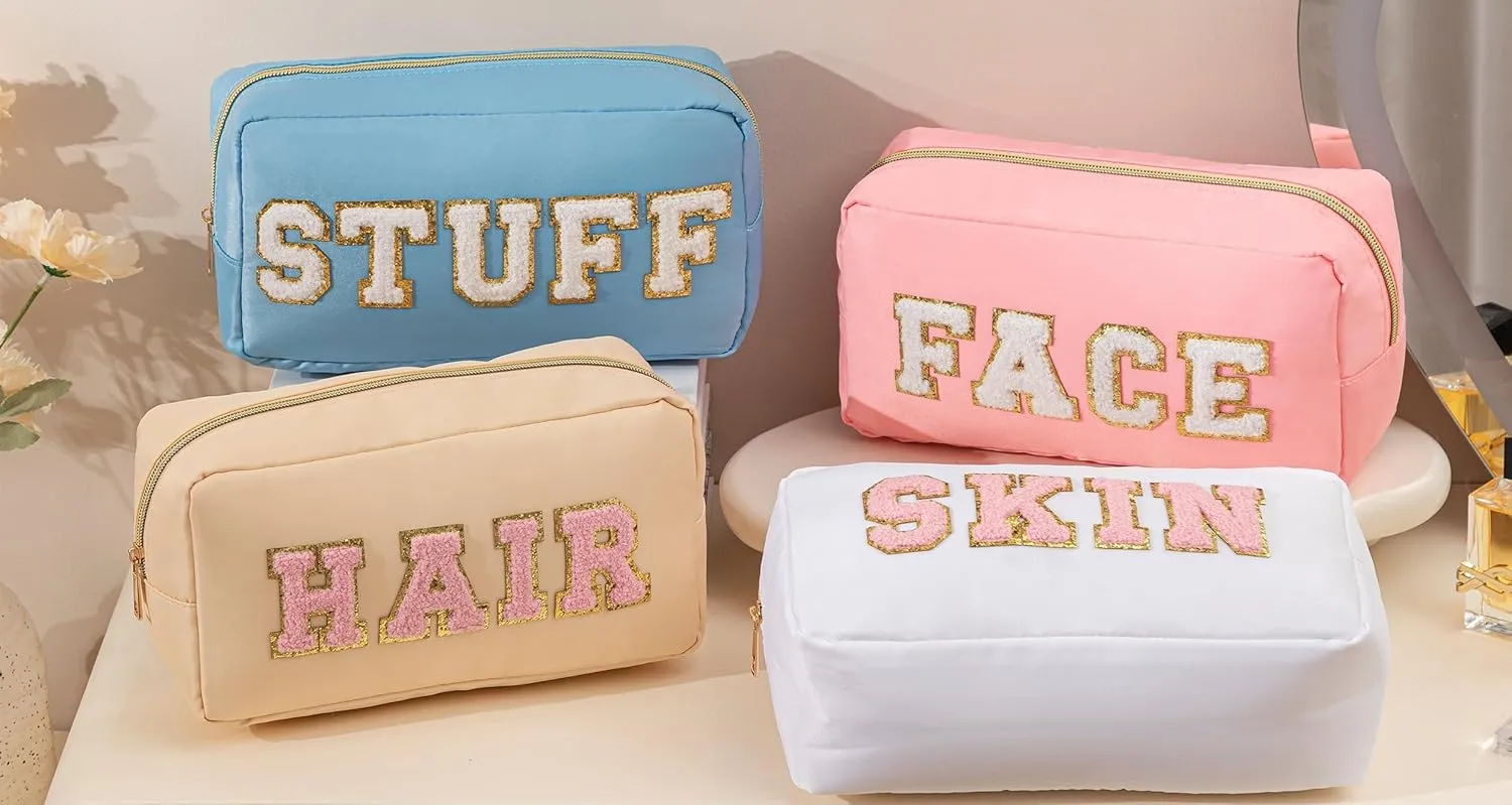 HBselect Mothers Day Gifts for Women 4 Pcs Preppy Makeup Bag Travel Stuff Bag Chenille Letter Patch Nylon Cosmetic Bag Large Capacity Easter Basket Essentials Waterproof Organizer Bag Set for Girls