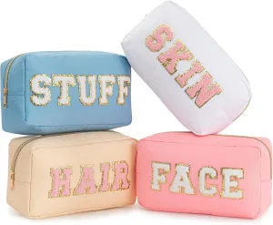 HBselect Mothers Day Gifts for Women 4 Pcs Preppy Makeup Bag Travel Stuff Bag Chenille Letter Patch Nylon Cosmetic Bag Large Capacity Easter Basket Essentials Waterproof Organizer Bag Set for Girls