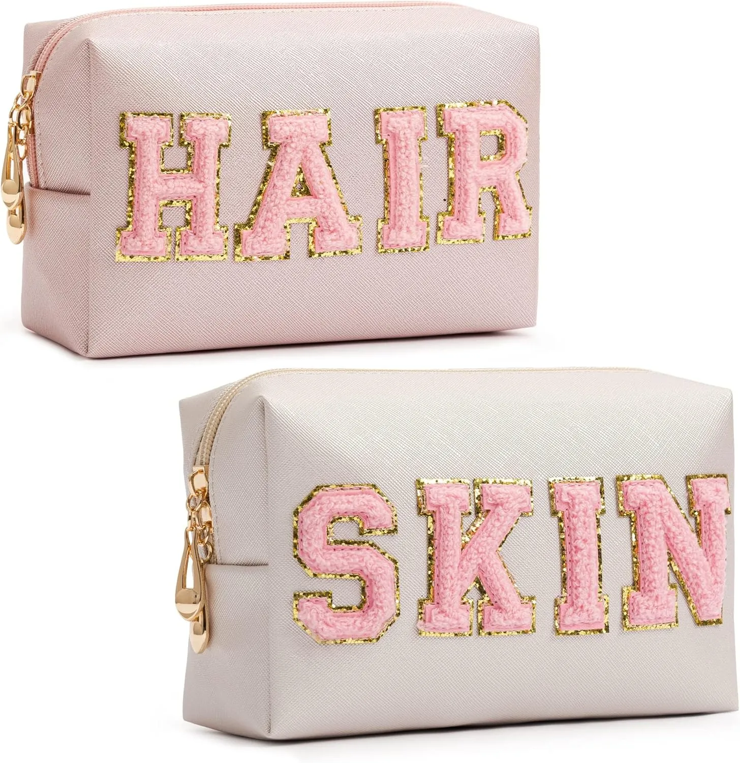 HBselect Preppy Makeup Bag 2 Pcs Travel Toiletry Bag Chenille Letter Patch Makeup Bag Portable Cosmetic Bag for Women PU Leather Waterproof Organizer Make up Bag for Women Girls (Hair Skin)