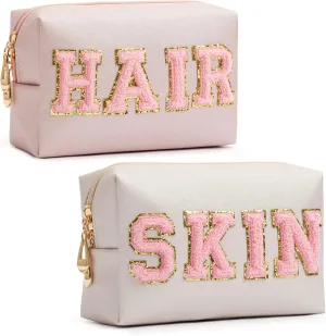 HBselect Preppy Makeup Bag 2 Pcs Travel Toiletry Bag Chenille Letter Patch Makeup Bag Portable Cosmetic Bag for Women PU Leather Waterproof Organizer Make up Bag for Women Girls (Hair Skin)